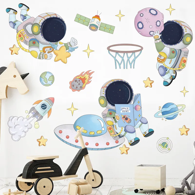 Space Astronaut Wall Stickers for Kids Room Kindergarten Wall Decoration Removable Vinyl PVC Cartoon Wall Decals Home Decor 220510