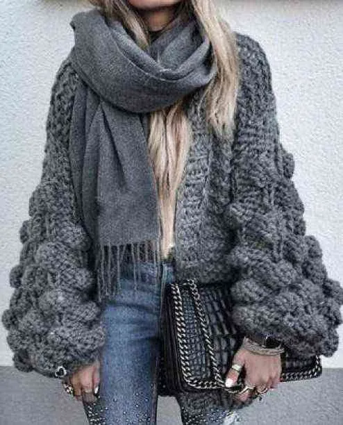 Temperamento de viaje suelto corto estilo invierno puro tejido a mano bola linterna manga suéter chaqueta Mujer