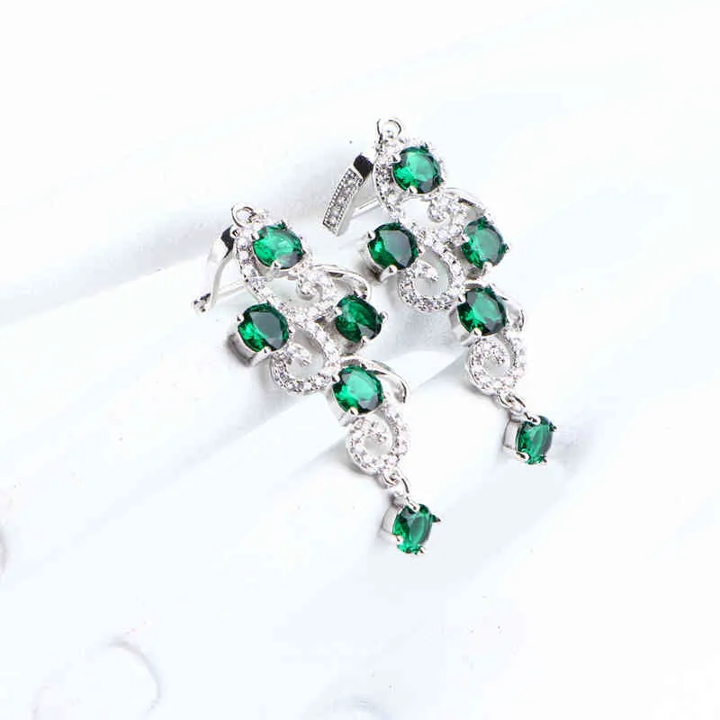 Mariage Luxury 925 Ensemble de bijoux de mariée en argent pour femmes bijoux de costume vert cz bracelet de boucles d'oreilles