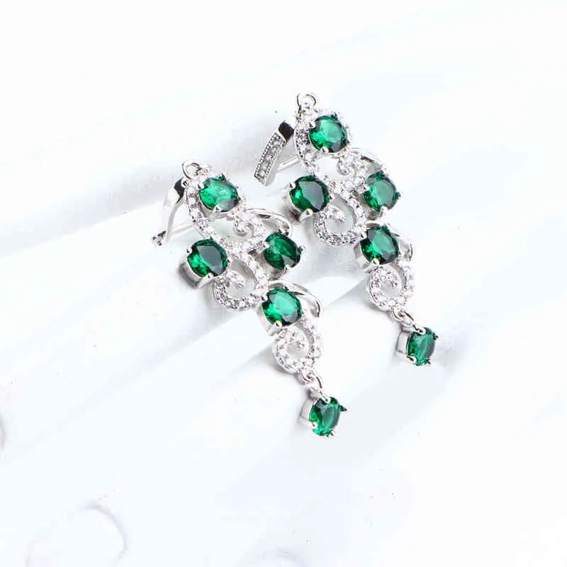 Set di gioielli da sposa Silver Luxury 925 le donne in costume Green CZ Orecchini ad anello bracciale CZ Set di pendenti H2205823445