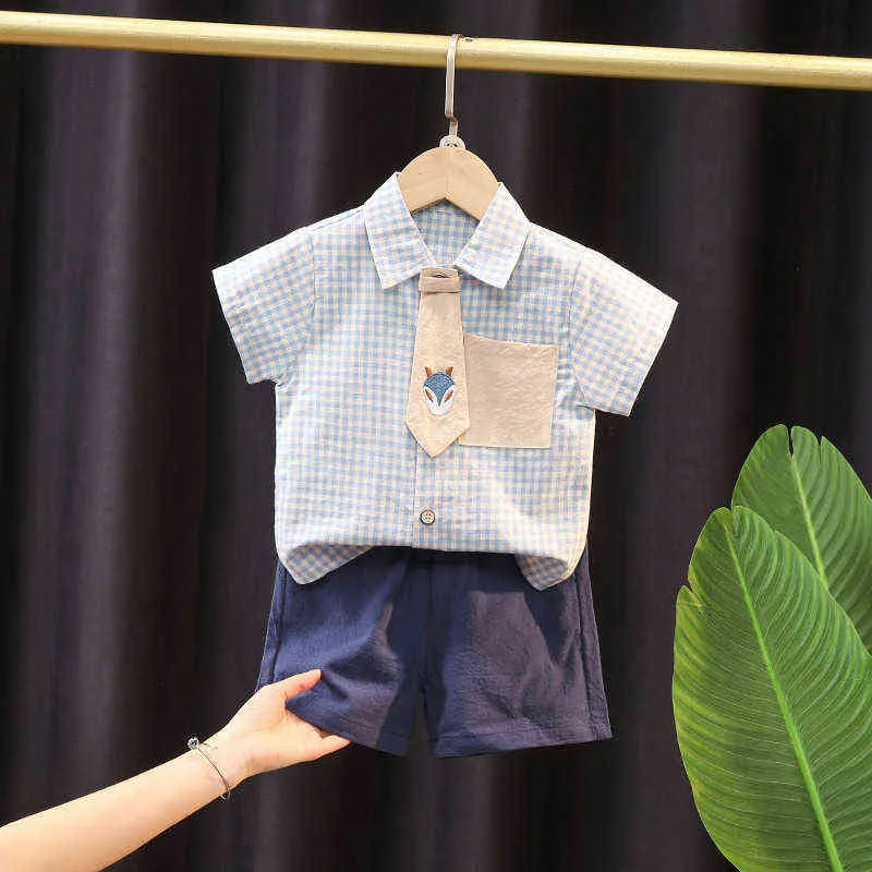 Novos meninos, roupas de verão, roupas casuais configuram shorts top gravata de roupas de bebê para meninos ternos infantis roupas de criança xadrez g220509