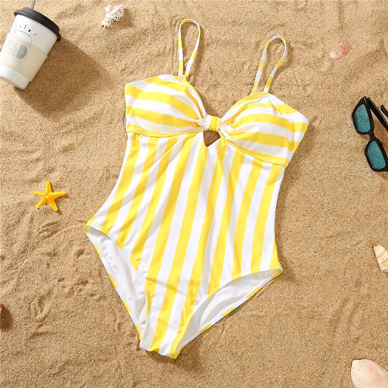 Yellow Stripe Family Matching Swimwear Women Kids Baby Girl Swimsuit Men Shorts Bathing Suit Mommy Me One peace Beachwear 220531