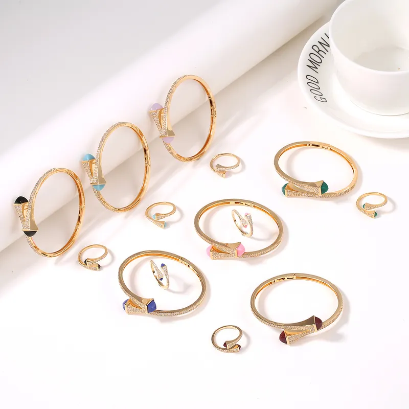 Romatic Women Fashion Bracelet & Ring Set Candy color stone Simple Design Gold Open Cuff Bangle Ring Jewelry Set 220426