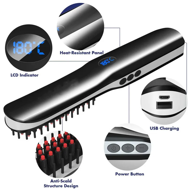 Wireless Men Quick Beard Straightener Hair Style Comb LCD Multifunctional Cordless USB Charging Hair Straightening Brush 220623