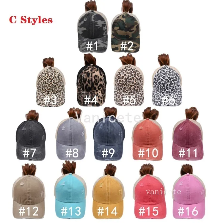 Party Hats Ponytail Baseball Cap Party Supplies 45 Styles Washed Distressed Messy Buns Ponycaps Leopard Sunflower Criss Cross Trucker Mesh Hat ZC1119