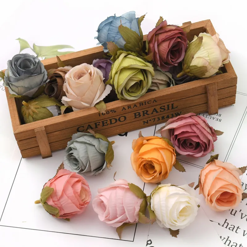 Party Decoration 4cm White Rose bud Artificial Silk Flower Heads Wedding DIY Wreath Scrapbooking Craft Fake Flowers 220919