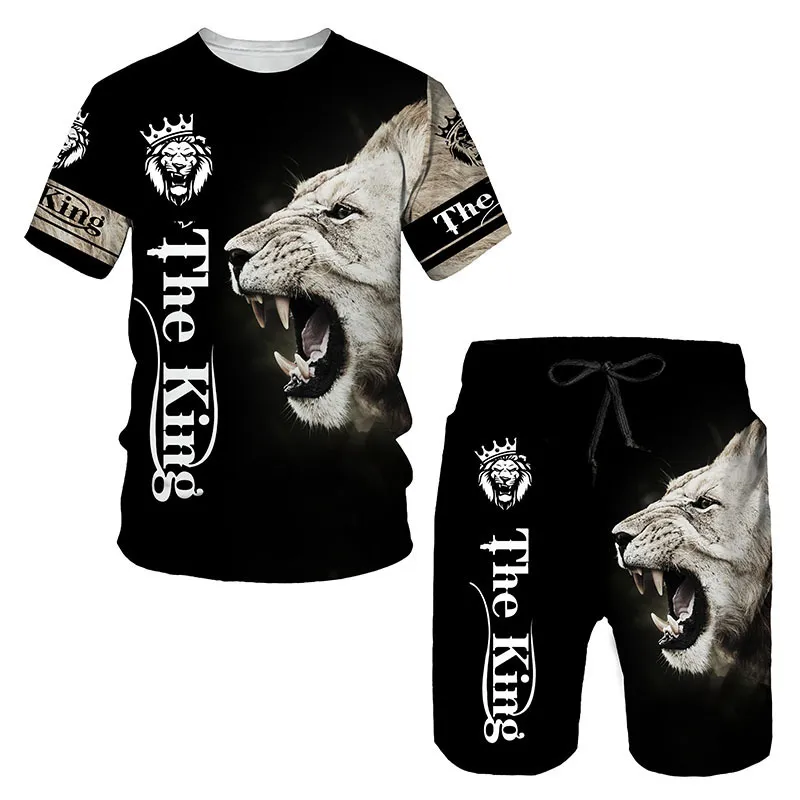 Sommer 3D-gedrucktes Herren-T-Shirt-Shorts-Set Ferocious Lion Herren-Sportbekleidungs-Trainingsanzug O-Ausschnitt Kurzarm Coole Herrenbekleidung Su 220726