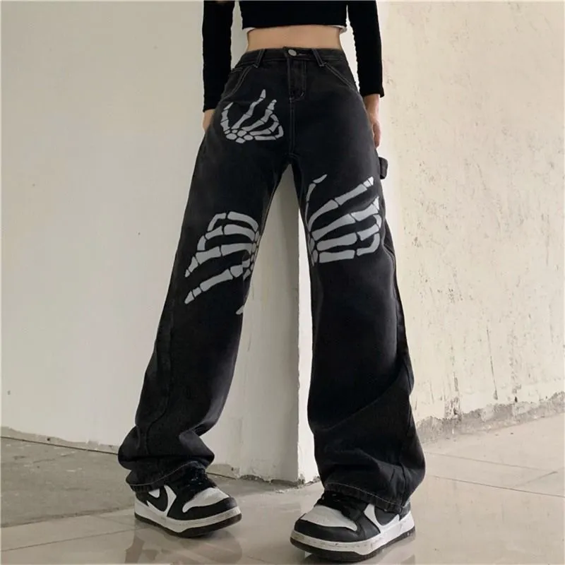 Punkstijl Harajuku Skull White Bone Fashion Jeans Losse Straightleeg Pants Retro Street Dames broek Denim Joggers vrouwen 220701