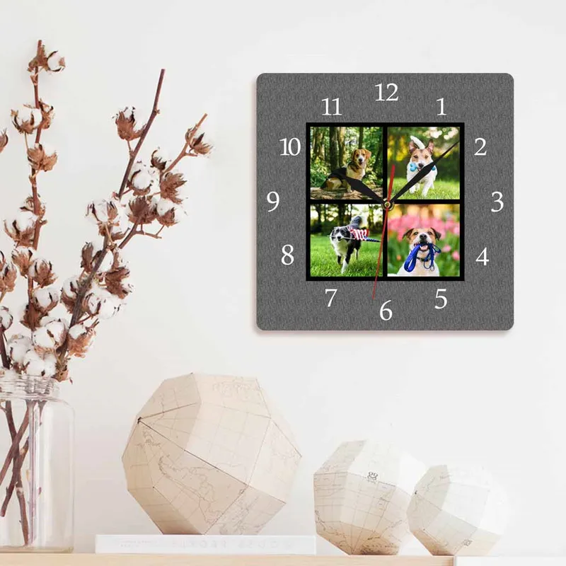 Chalkboard Family 4 Custom Pos Collage Square Printed Acrylic Clock Personalized Puppy Pet Pictures Wall Hanging Watch 220615