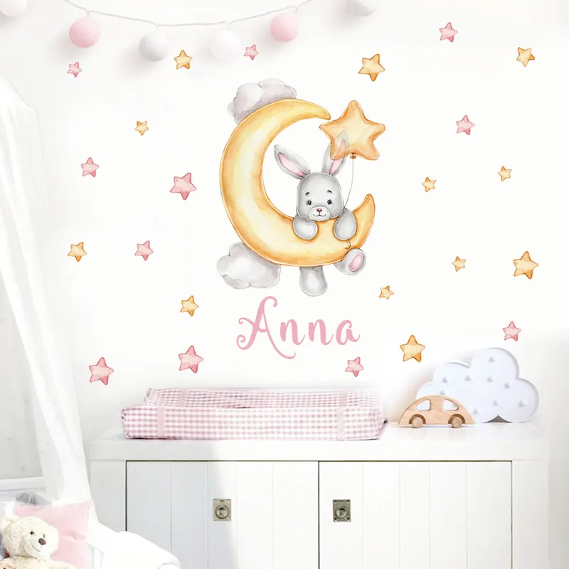 Cartoon Bär Mond Sterne Wolken Benutzerdefinierte Babynamen Aquarell Kinderzimmer Wandaufkleber Vinyl Wandtattoos Wandbild Kinderzimmer Home Decor 220613