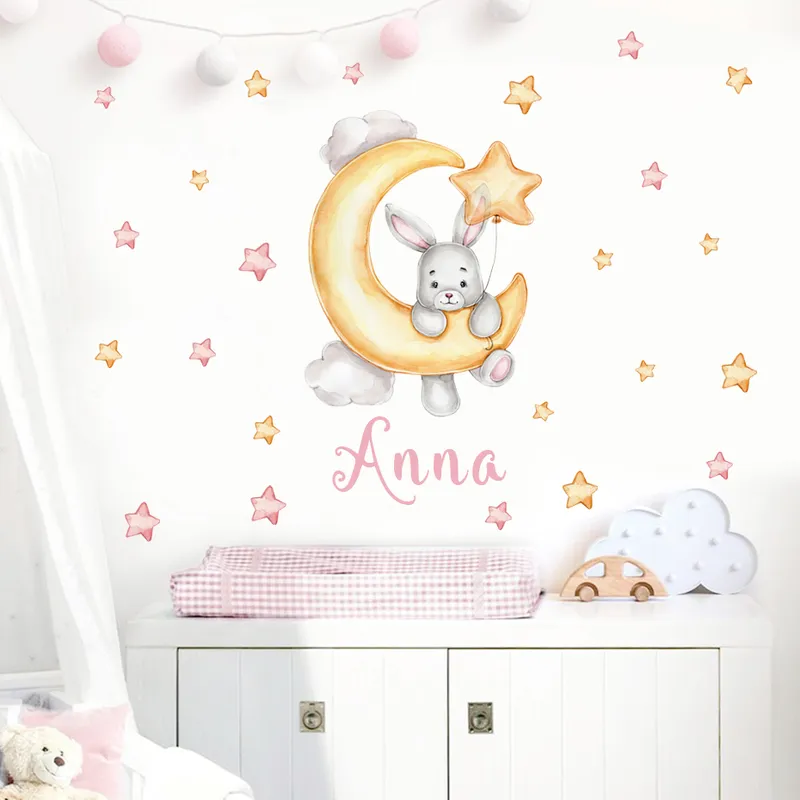 Cartoon Bear Moon Stars Clouds Custom Baby Name Watercolor Nursery Wall Stickers Vinyl Wall Decals Mural Kids Room Home Decor 220613