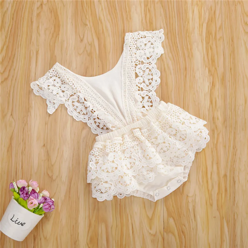 Infant Baby Girls Fly Sleeve Solid Cotton Lace Outfits Rompers Playsuits born Girls Jumpsuits Toddler Baby Sunsuits 0-24M 220525