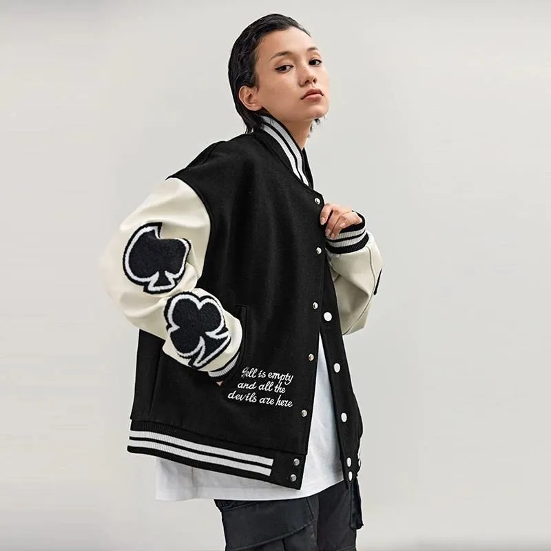 Spring and Autumn Poker Embroidered Baseball Jacket Leather Sleeve Men and Women Couples American Street Loose 220808