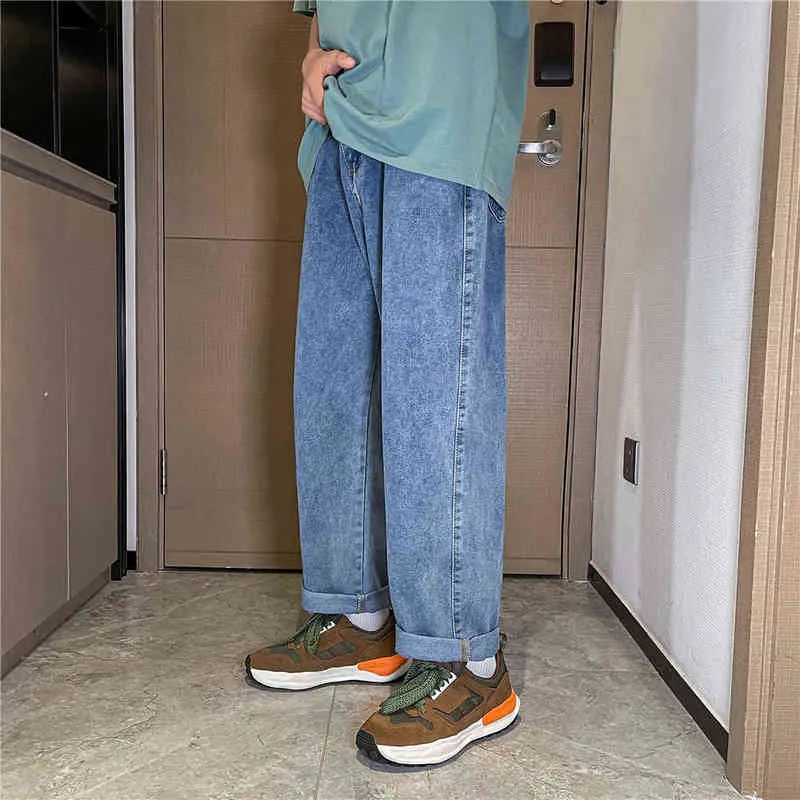 2022 New Men's Loose Straight Pants Solid Color Casual Pants Baggy Homme Cargo Pocket Jeans Men Denim Trousers G0104