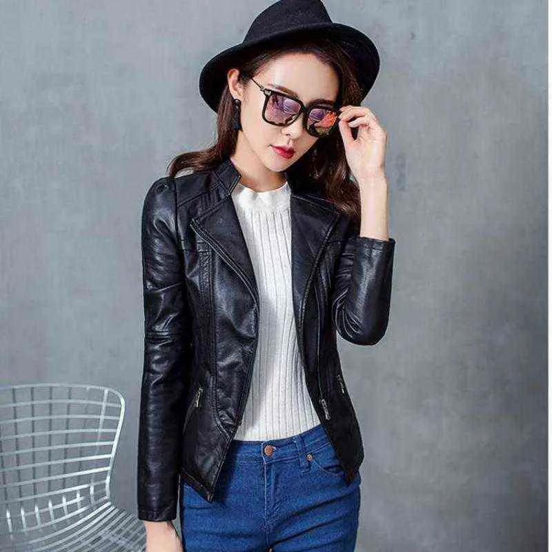 WEIHAOBANG Autumn Winter Small Leather Clothes Women's Solid Color Short Lapel Slim Pu Motorcycle Jacket Long Sleeve Coat L220801