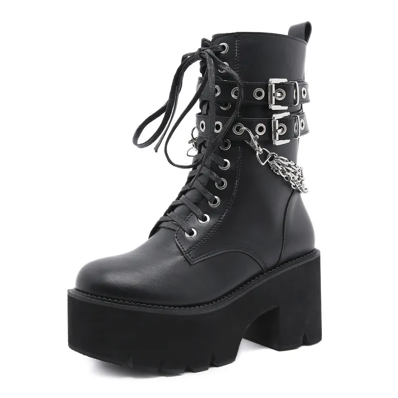 Botas femininas góticas pretas de couro de alta qualidade, salto grosso, corrente, salto grosso, plataforma, botas femininas estilo punk, botas de tornozelo com zíper 220813