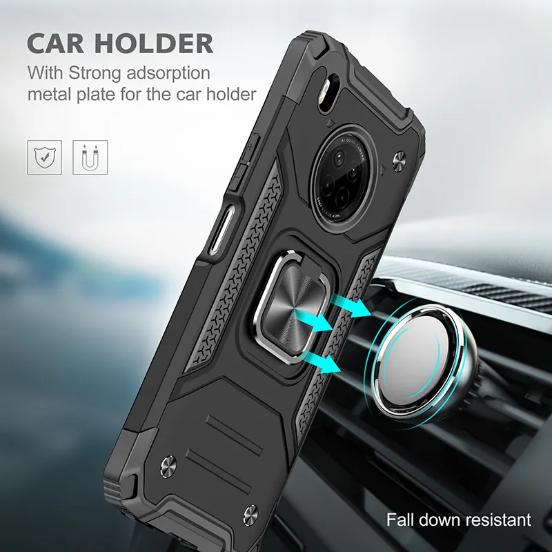 Magnetic Metal Finger Ring Hållare Armor Shocksäker Fodral för Huawei Y9a 6.63 inches TPU Bumper Hard PC Skyddsskydd