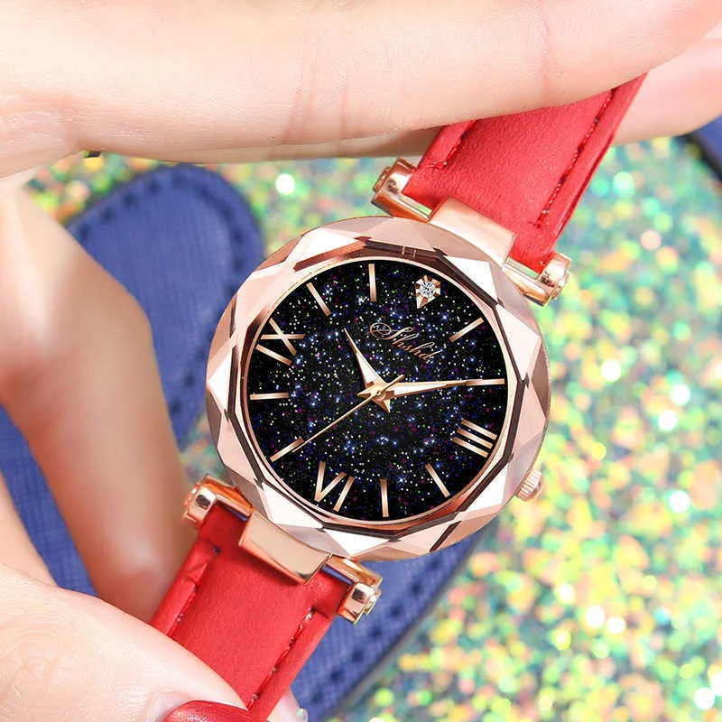 New Luxury Women's Watch Roman Starry Dial Versatile Leather Strap Quartz Ladise Clock Relojes Para Mujer