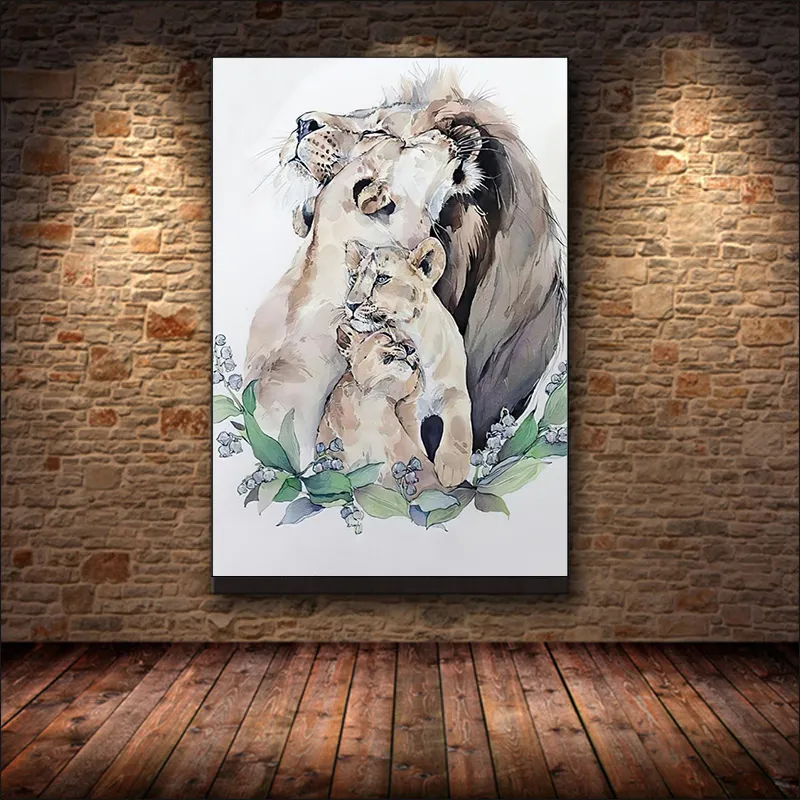 Acquerello Happy Lion Family Canvas Painting Ritratto di animali Poster e stampe Immagini di arte murale la decorazione del soggiorno