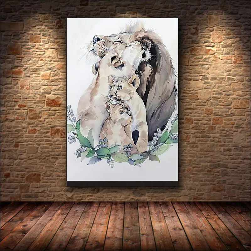Akvarell Happy Lion Family Canvas Målning Animal Porträtt Affischer och tryck Väggkonstbilder för vardagsrumsdekoration