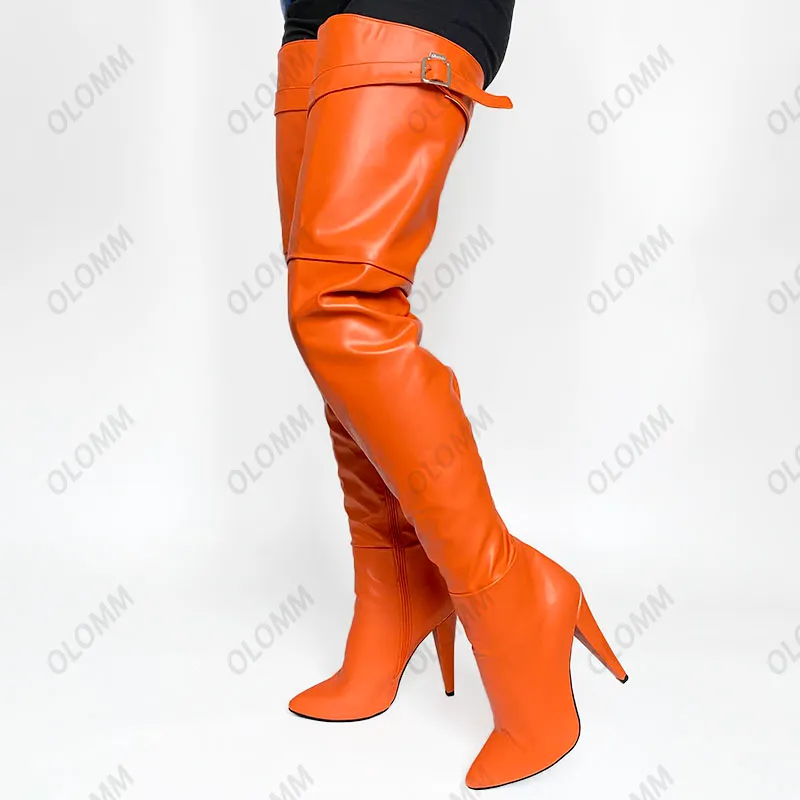 OLOMB 2022 ручной работы женщины зимние ботинки из искусственных кожи кожаные каблуки указывают на носок белые вечеринки обувь дамы плюс размер 35-47