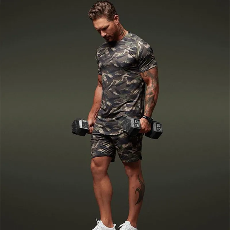 Camouflage print t -shirt sportpak koppels snel droge vrije tijd looppak zomer jogging korte mouwen shorts 2 -delige 220608