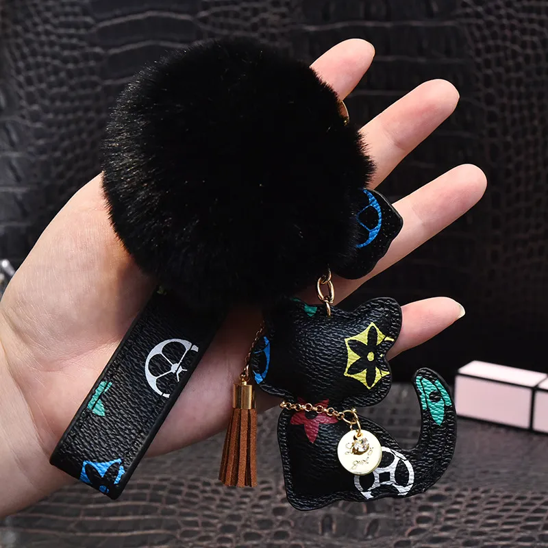 Cat Bear Pompom Key Chain Accessories Fashion Rhinestone Key Ring PU Leather Teddy Car Keychain Buckle Jewelry Bag Charm Animal Ke183t