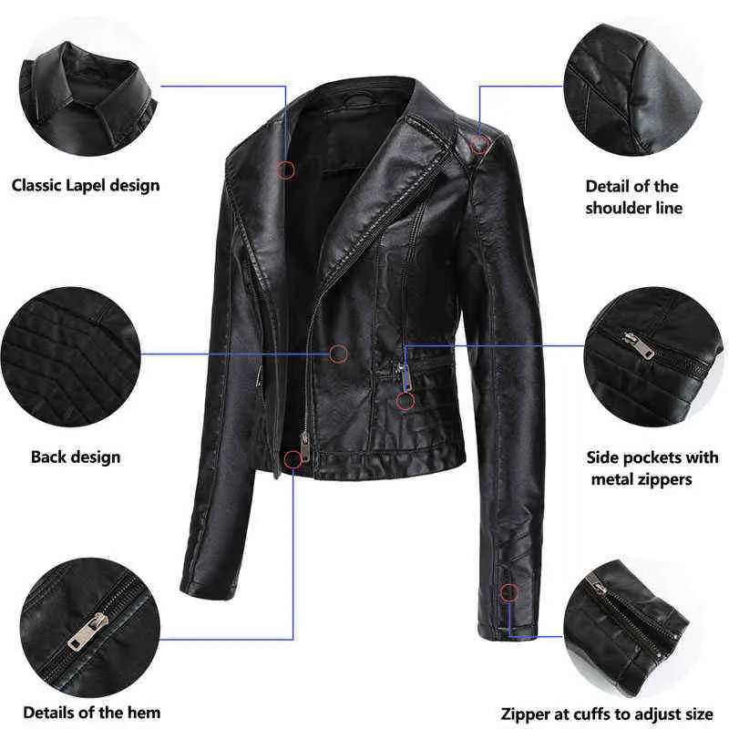 Spring Fashion Ubrania umyć skórzaną kurtkę PU Kobieta Slim Krótka motocykl, obracanie kołnierzyka żeńska płaszcz L220801