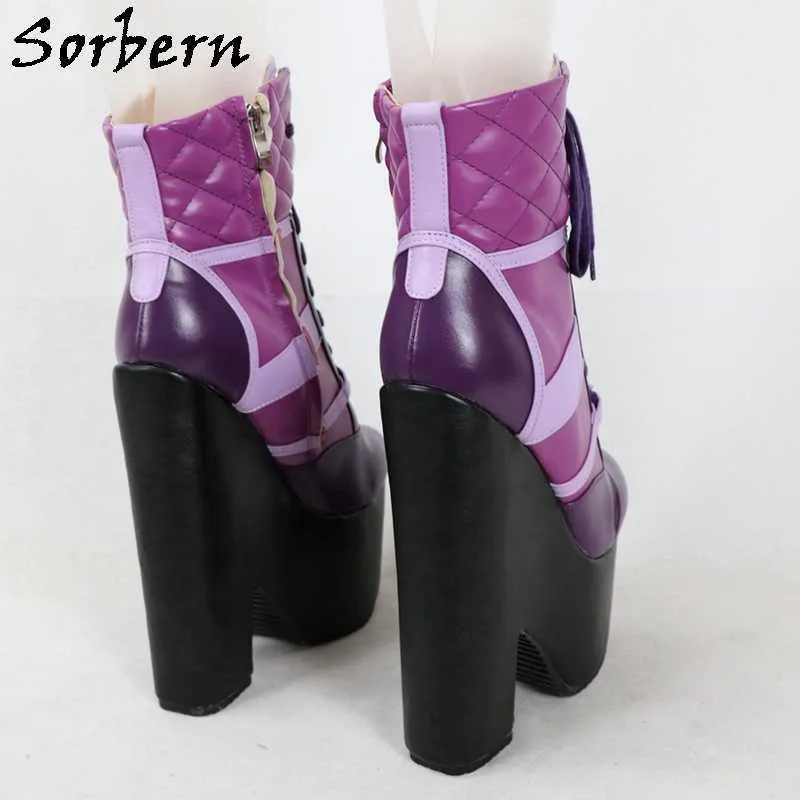 Sorbern Maßgeschneiderte Stiefeletten Sneaker Block High Heel Dicke Plattform Gummisohle Schnürung Lila Schwarz Unisex Booties Neu