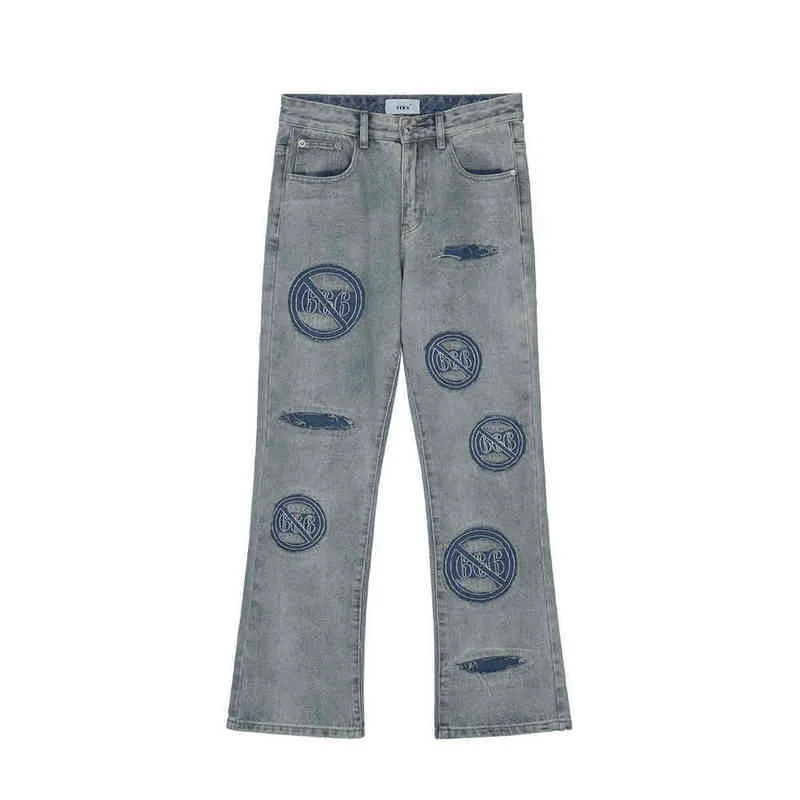 2021 Vouge Patch Nakış Deliği Yırtıcı Yıkama Erkekler Parlama Kot Pantolon Sıkıntılı Retro Düz Baggy Denim Pantolon Pantni Uomo T220803