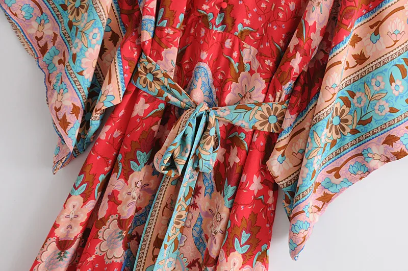Vintage chic kvinnor röd blommig tryckt bat ärms strand bohemiska klänningar kimono damer v nacke rashes boho maxi klänning vestidos 220613