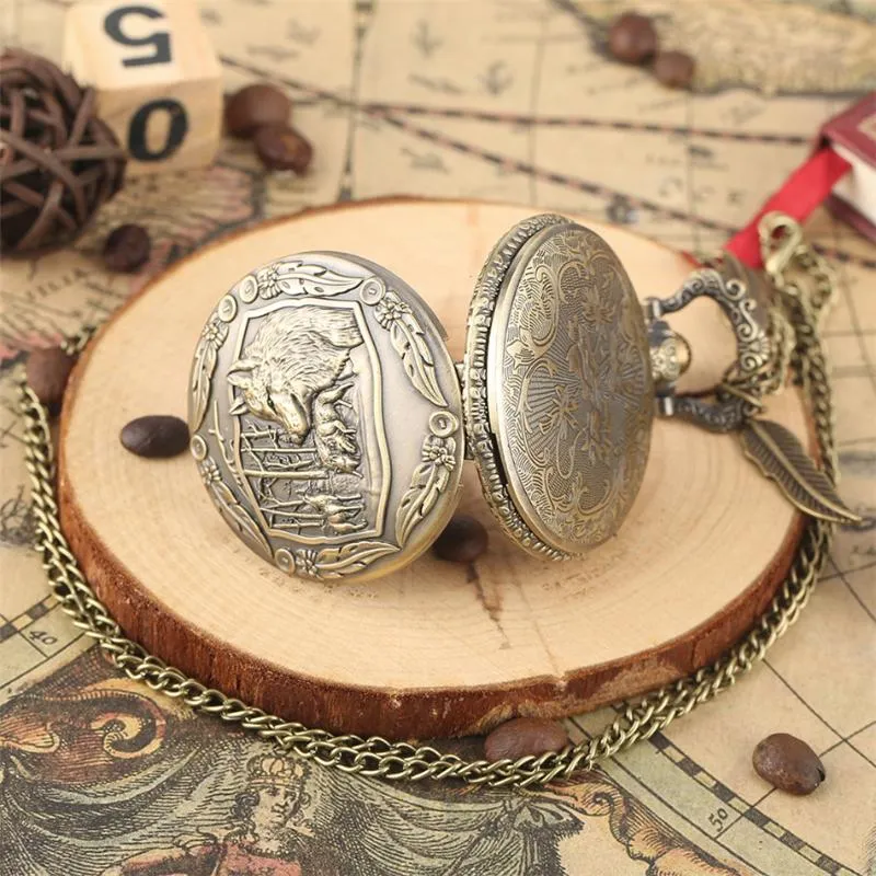 Montres de poche Bronze loup Antique montre à Quartz charme feuille pendentif accessoire horloge avec chaîne241U