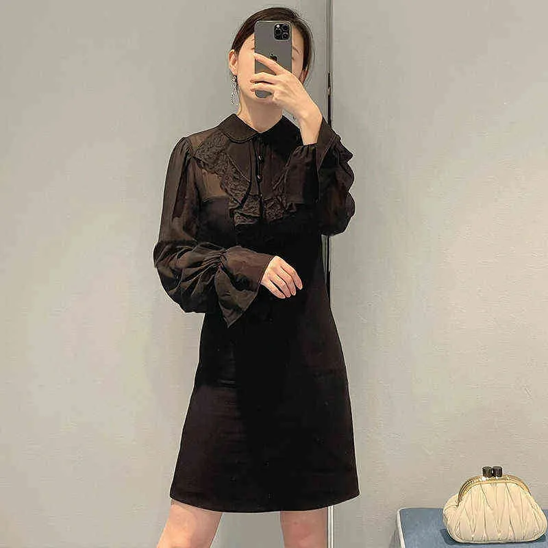 秋の新しい黒い長袖ドレスラフカラーステッチフレアスリーブウエストスタイルスカート