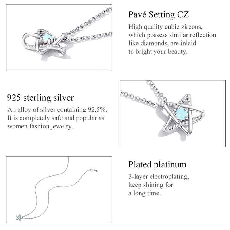 Wostu 100% Real 925 Srebrny Srebrny Opal Star Urocze naszyjnik wisiorek dla kobiet akcesoria biżuterii Prezent ślubny Fin473