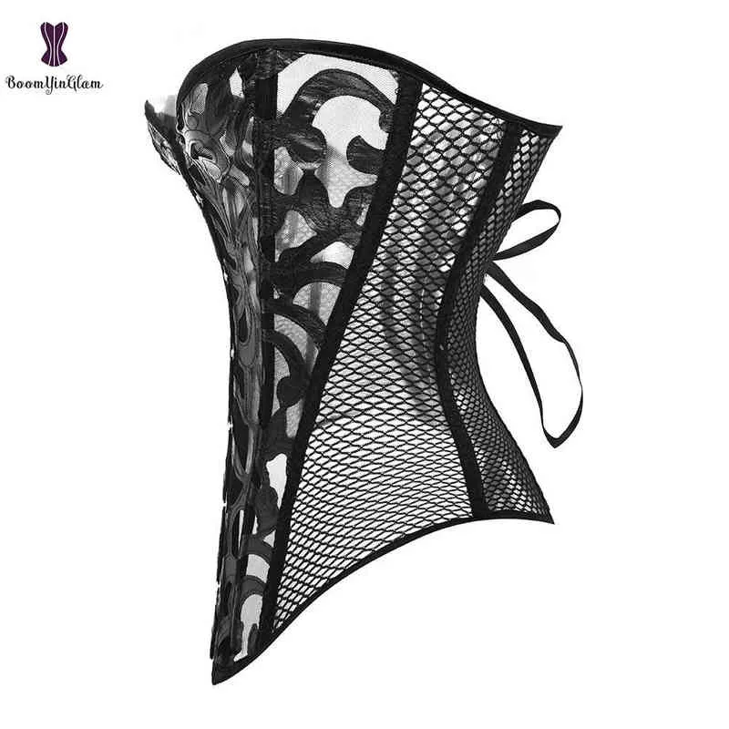 Waist and Abdominal Shapewear Black Women's Breathable Shapwear Costumes Sexy Transparent Mesh Corselet Hollow Out Corset Bustier Top with g String 930 0719