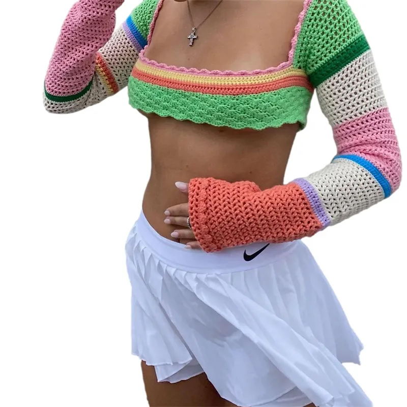 女性の夏のクロップトップスプライシングかぎ針編みスクエアネック長袖ニットTシャツストリートウェアの女の子緑220407