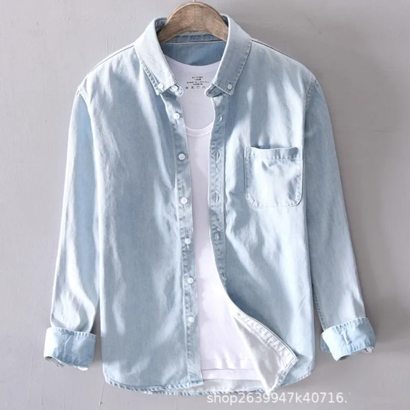 Spring Men's Thin Lapel Denim Shirt High-quality Fashion Casual Long-sleeved Solid Color Classic Cotton Plus Size Top 220322