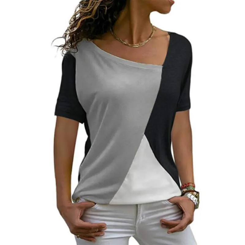 Summer Casual Women T Shirts Short Sleeve Fashion Patchwork Slim Irregular Diagonal Collar Ladies Clothes Long Shirt Tops 220422