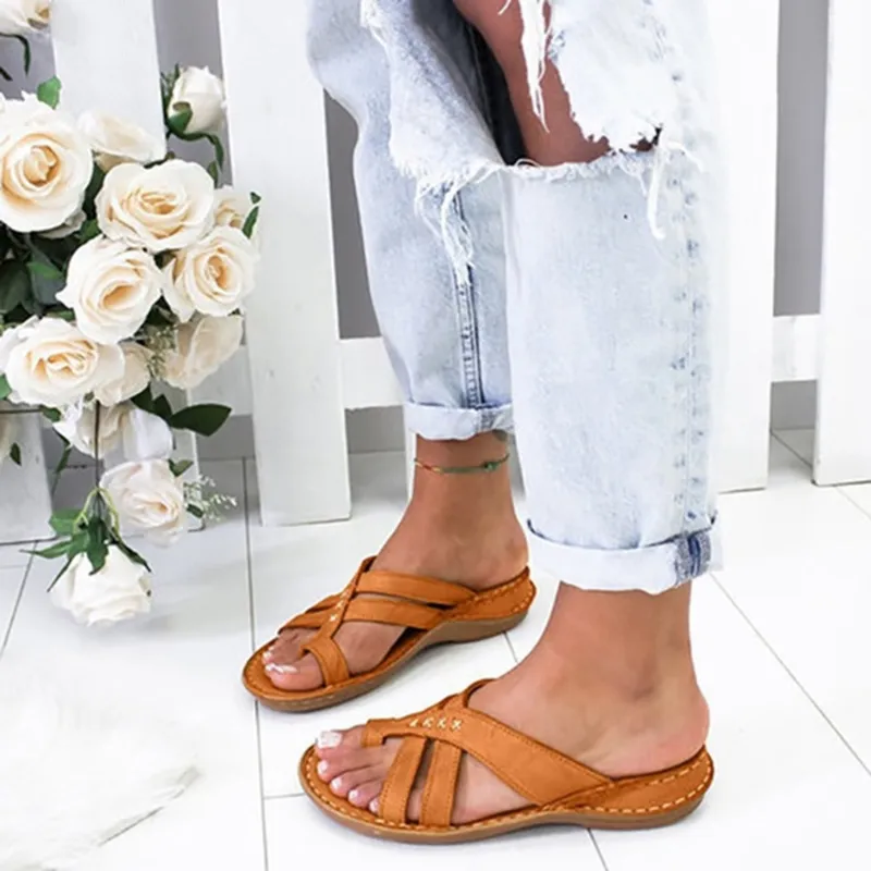 Novo design feminino plataforma confortável sandália joanete corretor sapatos pés corretos sola plana chinelos ortopédicos flip-flops cuidados com os pés