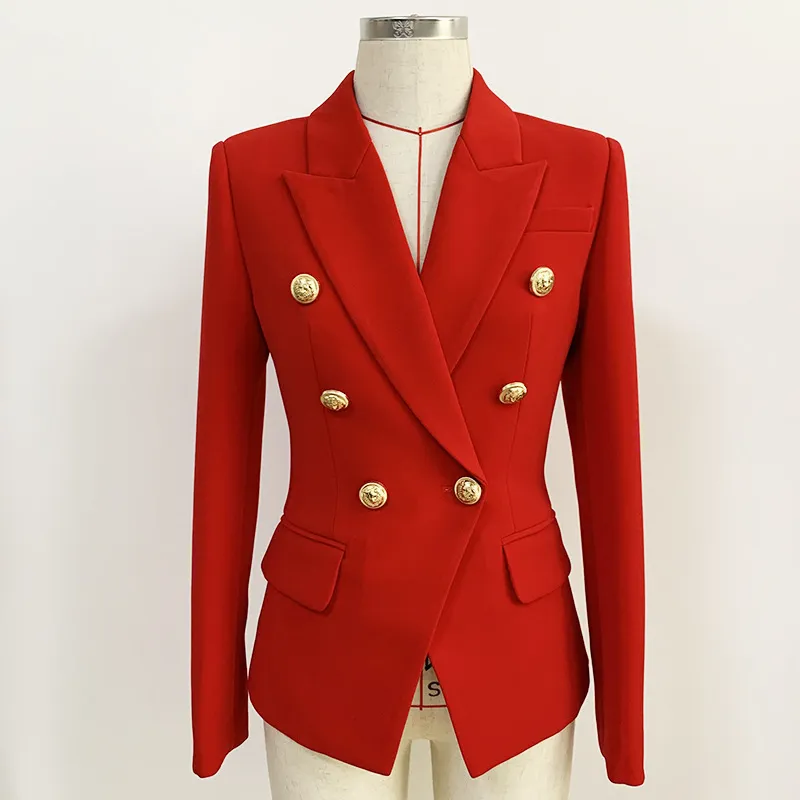 Gerçek Kırmızı Kadın Blazers Resmi Kadın Ceket Klasik Altın Kruvaze Düğme Beyaz Siyah Blazer Kadınlar Yüksek Kalite 220402