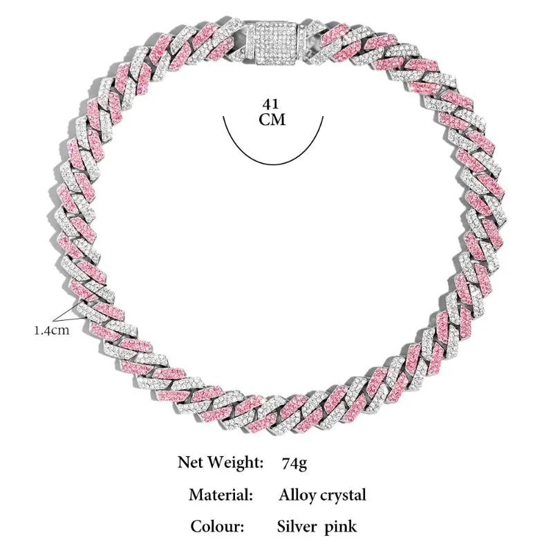 Łańcuchy Hiphop Pink Crystal 14 mm Rhombus Prong Cuban Link Naszyjnik dla kobiet Pełny dhinstones utwardzony lodowymi biżuterią339v
