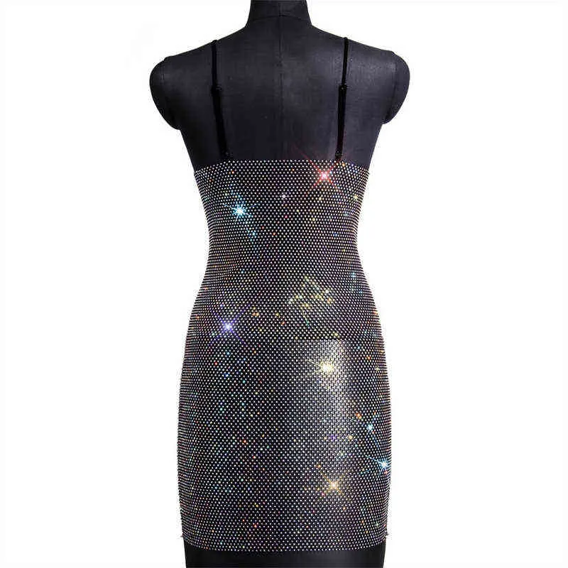 Vestido de tecido de malha com strass e brilho Crystal Diamond Vestido de praia feminino sexy com decote em V vazado Bodycon malha vestidos de festa T220816