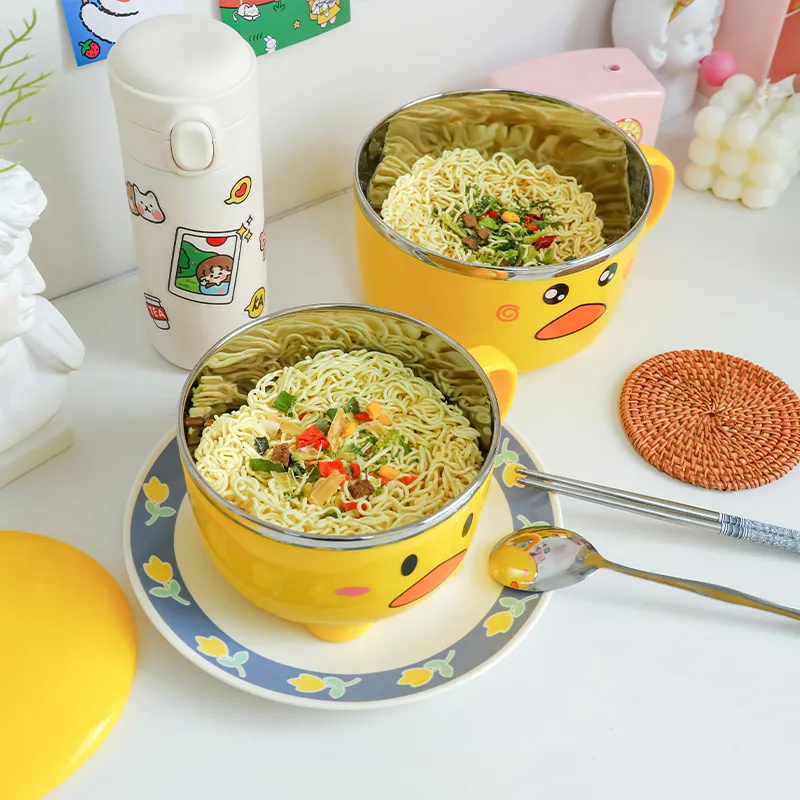 Kawaii Duck Ramen Noodles Bowl With Lid Cute Stainless Steel Kitchen Fruit Instant Salad Rice Soup Double-layer Bowl Tableware 220408