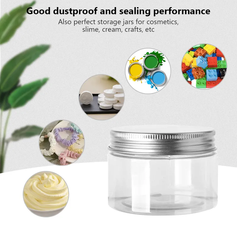 30ml-150ml Storage Jars Clear Aluminum Cap Round Canister Travel Bottle Pot Balm Wide Mouth Plastic Container Refillable 220423