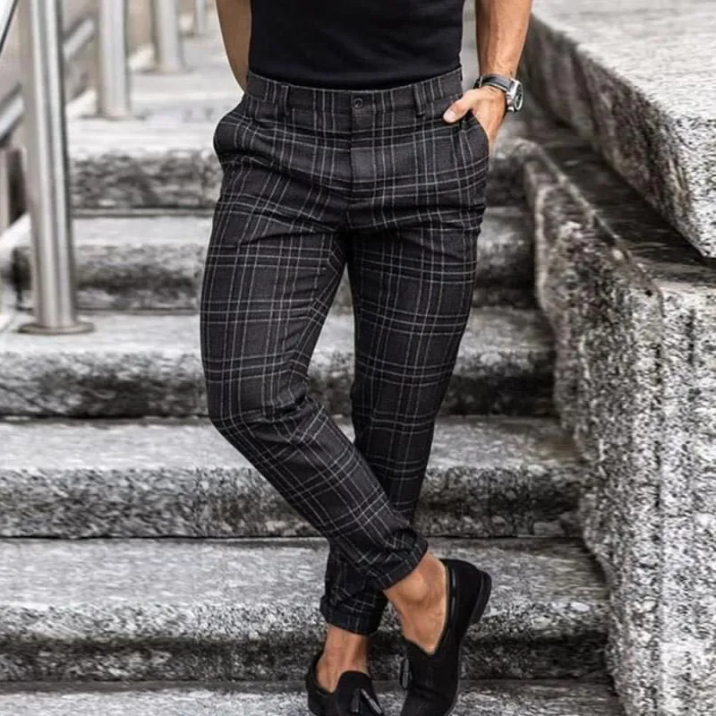 Men's Pants Spring Fashion Plaid Printed Pencil For Mens Vintage Mid Waist Button Trouser Male Summer Casual Long Pant Streetwear 220826