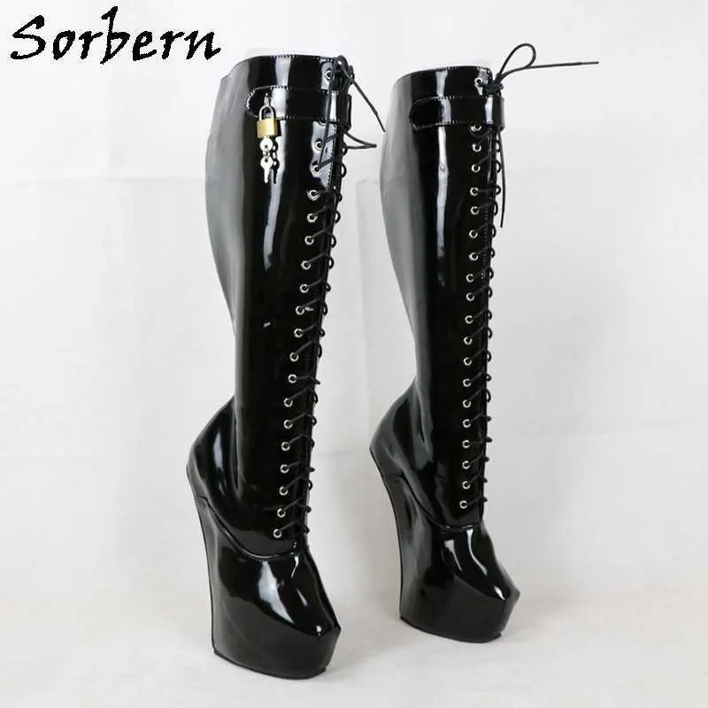 Sorbern bottes verrouillables femmes bottes à plate-forme épaisse 43 chaussures sans talon à lacets serrures personnalisées avec clé fétiche chaussures à talons hauts
