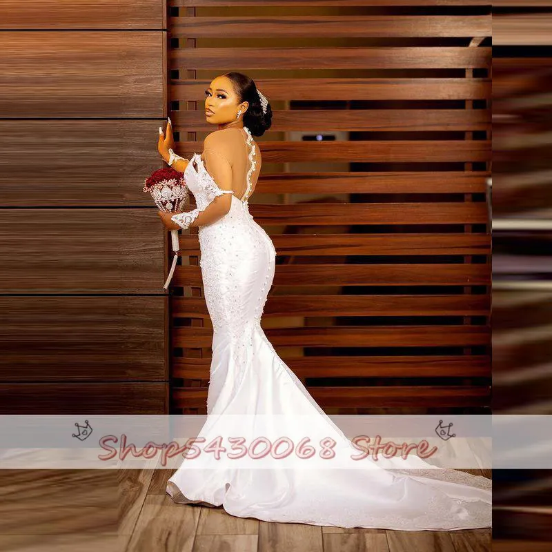2022 Aso Ebi Mermaid Wedding Dresses With Sheer Neck Illusion Long Sleeves Bridal Dress Lace Appliques Pearls vestido de noiva C0421