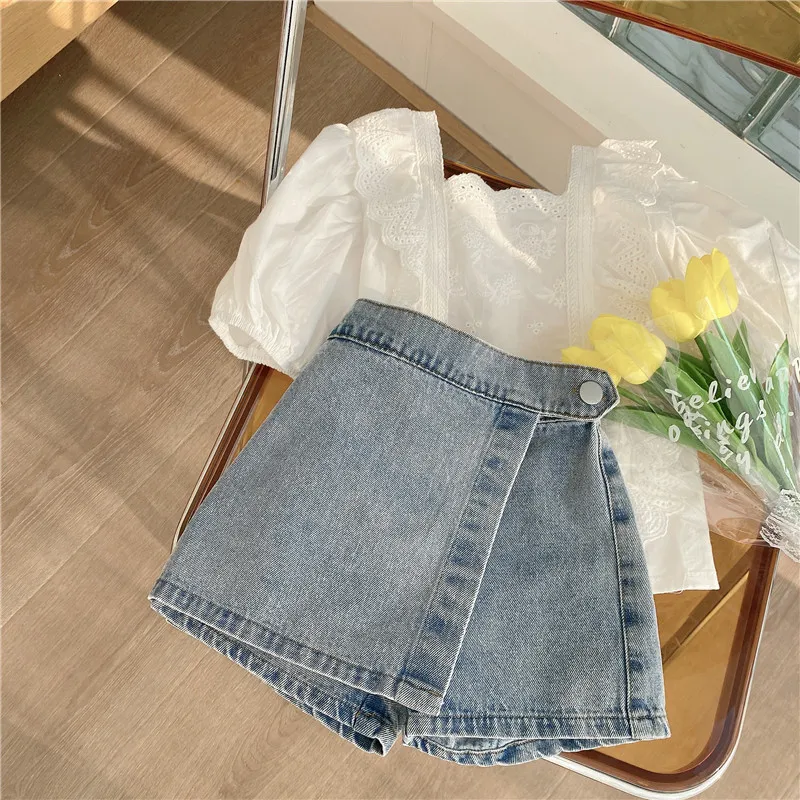 Kids Clothes Set Summer Girls Fashion Lace Blouse Top & Denim Shorts Korean Style Toddlers Casual Pants Jeans 2-7Y 220507