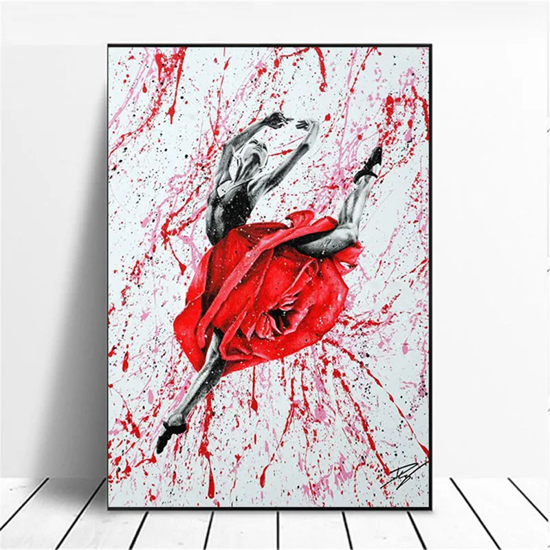 Kreative Graffiti-Kunst, Ballerina im roten und grünen Rosenrock, tanzende Leinwandmalerei, Wandkunst für Wohnzimmer, Heimdekoration