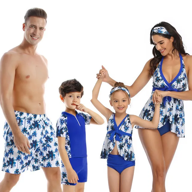 Family Matching Swimwear Mom Daughter Taseel Leaf Blue Bikini Dad Son Bathing Suit Women Men Couples Outfits Girls Boys Swimsuit 220531